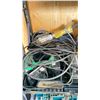 Image 2 : SHELF OF ASSORTED POWER TOOLS CIRCULAR SAWS, HIGH SPEED DRILLS AND CORDLESS HITACHI DRILL