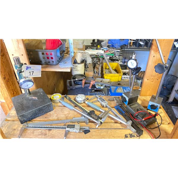 SHELF LOT OF ASSORT MACHINIST PRECISION TOOLS-DIAL GAUGES MICROMETERS ETC
