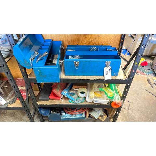3 SHELVES WITH ASSORTED ITEMS- 2 BLUE TOOLS BOXES CAULKING GUN PARTIAL TAP AND DIE SET