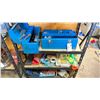 Image 1 : 3 SHELVES WITH ASSORTED ITEMS- 2 BLUE TOOLS BOXES CAULKING GUN PARTIAL TAP AND DIE SET