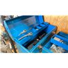 Image 2 : 3 SHELVES WITH ASSORTED ITEMS- 2 BLUE TOOLS BOXES CAULKING GUN PARTIAL TAP AND DIE SET