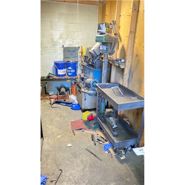 LOT OF MISC EQUIPMENT IN DISREPAIR DRILL PRESS BENCH GRINDER METAL MATERIAL ROLLER