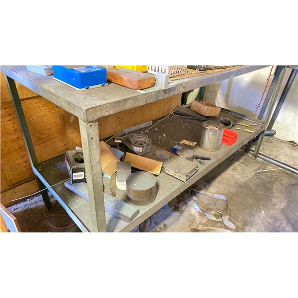 METAL WORK TABLE WITH 2 MECHANICS VISES APPROX 6 FTZL X  2.5 FT W X3 FT H COME WITH SIDE SHELF