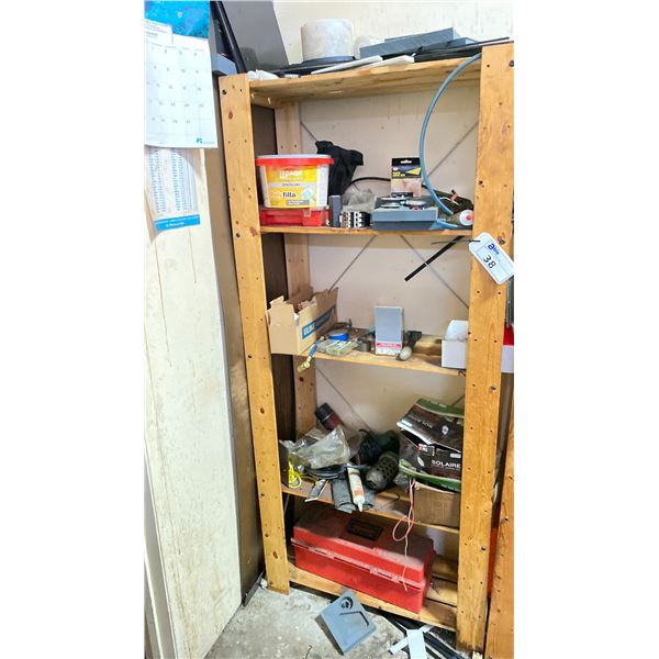 1 WOODEN SHELF WITH ASSORTED SHOP ITEMS AND MISC TOOLS