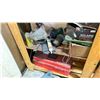 Image 4 : 1 WOODEN SHELF WITH ASSORTED SHOP ITEMS AND MISC TOOLS