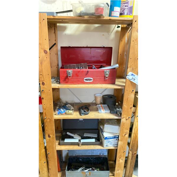 1 WOODEN SHELF WITH ASSORTED SHOP ITEMS AND MISC TOOLS