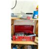 Image 2 : 1 WOODEN SHELF WITH ASSORTED SHOP ITEMS AND MISC TOOLS