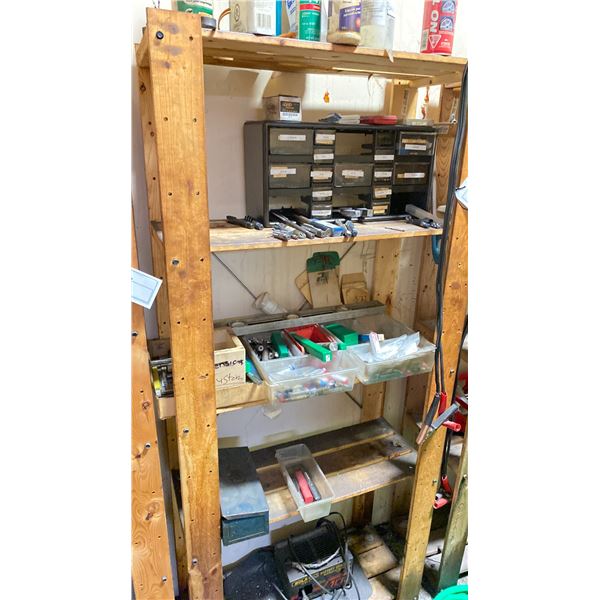1 WOODEN SHELF WITH ASSORTED SHOP ITEMS AND MISC TOOLS