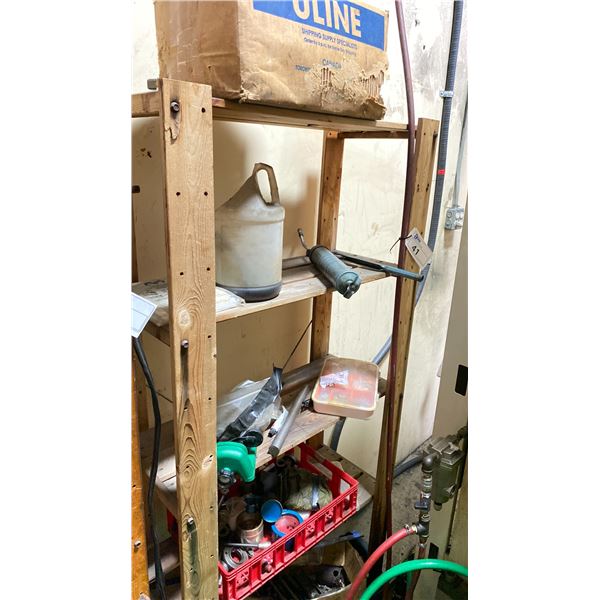 1 WOODEN SHELF WITH ASSORTED SHOP ITEMS AND MISC TOOLS
