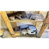 Image 7 : WOOD SHELVING UNIT FULL OF VARIOUS JAWS AND CLAMPS FOR LATHE