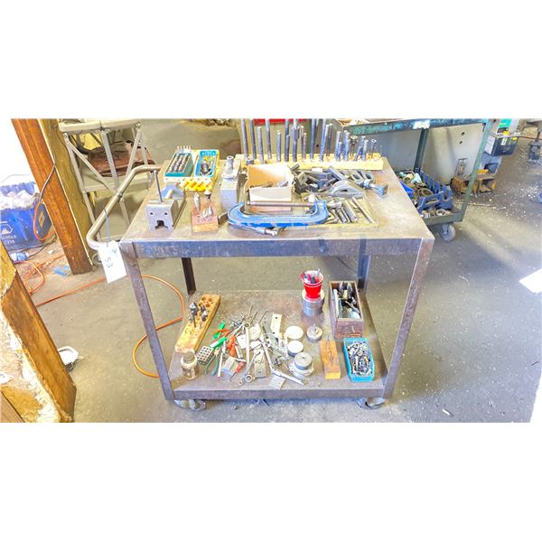 METAL ROLLING SHOP CART WITH ASSORTED ITEMS CLAMP SET SMALL VISE PUNCH SET AND MUCH MORE