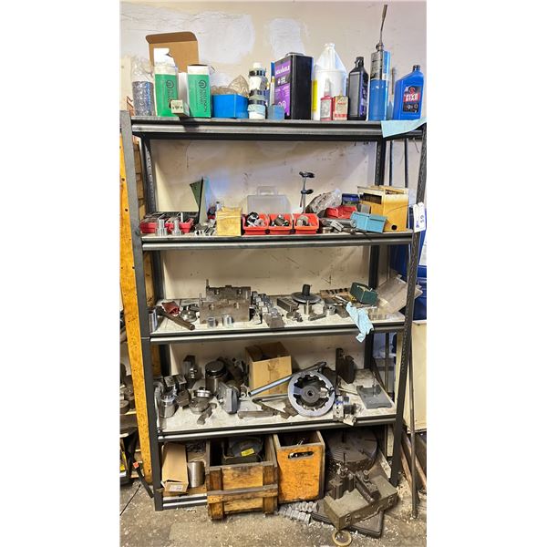 METAL SHELVING UNIT WITH ASSORTED  MACHINING PARTS, TOOLING FOR MILLING MACHINES AND LATHES