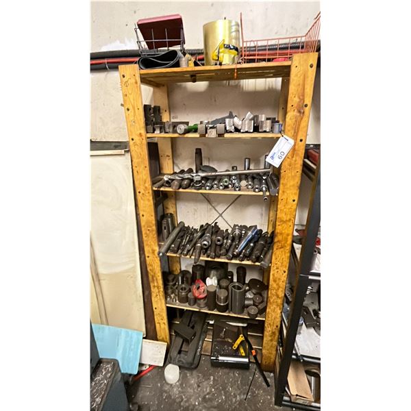 WOOD SHELF UNIT WITH ASSORTED MACHINE LATHE/MILLING AND DRILLING TOOLING