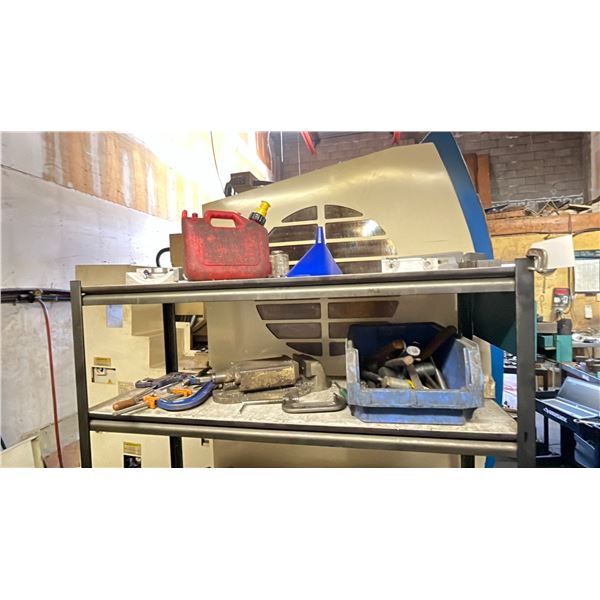 METAL SHELVING UNIT WITH MACHINE CLAMPING SET, ASSORTED TOOLS SHELF IS 6FT HX 5FT W X 1.5 FT D