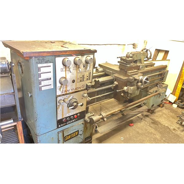 SAN YUEN SAG 2500H METAL LATHE 230/3 PHASE 4 JAW 12"CHUCK 35-3500 RPM 220 VOLT PASE 3 V10 " OVER