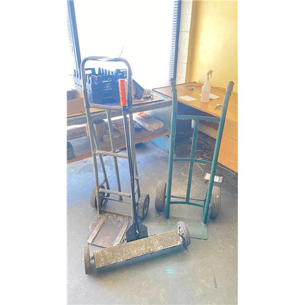 2- TWO WHEEL MOVER DOLLIES AND ONE MAGNETIC SWEEPER ON WHEELS