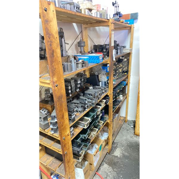 DOUBLE WOODEN SHELF UNIT FILLED WITH ASSORTED MACHINIST TOOLING PARTS AND ACCESSORIES FOR