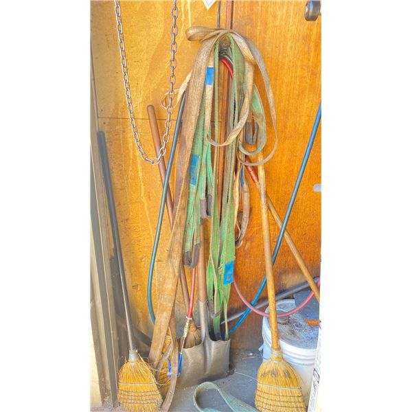LG GROUP OF ASSORTED LIFTING SLINGS , SHOVELS AND BROOMS