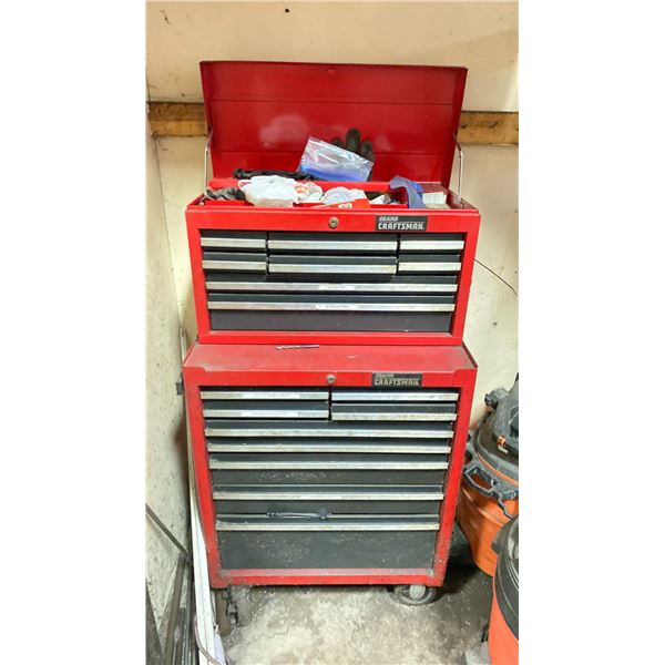 CRAFTSMEN TWO PIECE ROLLING TOOL BOX WITH CONTENTS AND ASSORTED TOOLS HANGING ON STAIRS