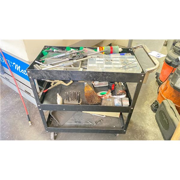METAL MOBILE WORK CART WITH CONTENTS -TAPS AND DIES COLLETS AND MUCH MORE