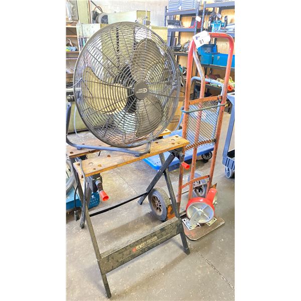 2 WHEEL DOLLY, 2 BRAND NEW CASTERS, COMMERCIAL ELECTRIC SHOP FAN AND BLACK AND DECKER FOLDABLE CART
