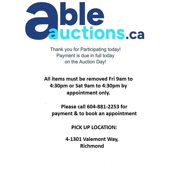 All items must be removed Fri 9am to 4:30pm or Sat 9am to 4:30pm by appointment only.