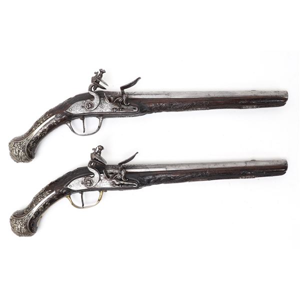 Brace of Silver Inlaid & Engraved Flintlock Cavalry Pistols, Late 18th c.
