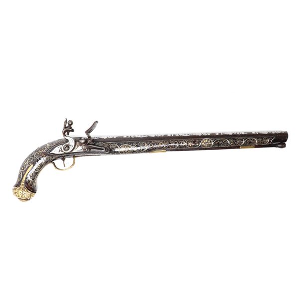 Enormous Ottoman Silver Inlaid Flintlock Cavalry Pistol, circa 1780-1825