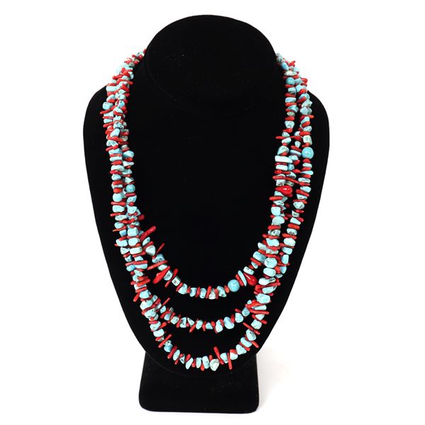 Turquoise & Coral Tripple Strand Necklace