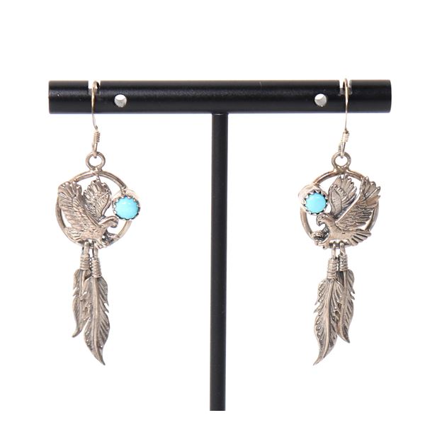 Sterling Silver Zuni Eagle & Feathers Earrings