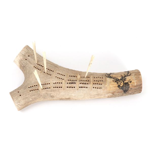 Handsome Elk Antler Carved Scrimshaw Cribbage Board