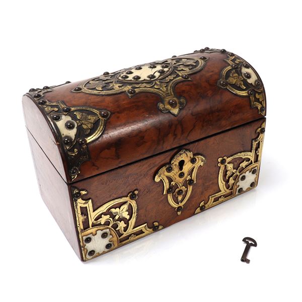 English Burr Walnut, Brass, & Bone Tea Caddy, circa 1860s
