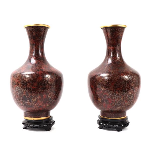 Gorgeous Pair of Red Chinese Cloisonne Vases