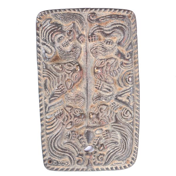 Chinese Bronze Plaque, Recumbent Jaguars