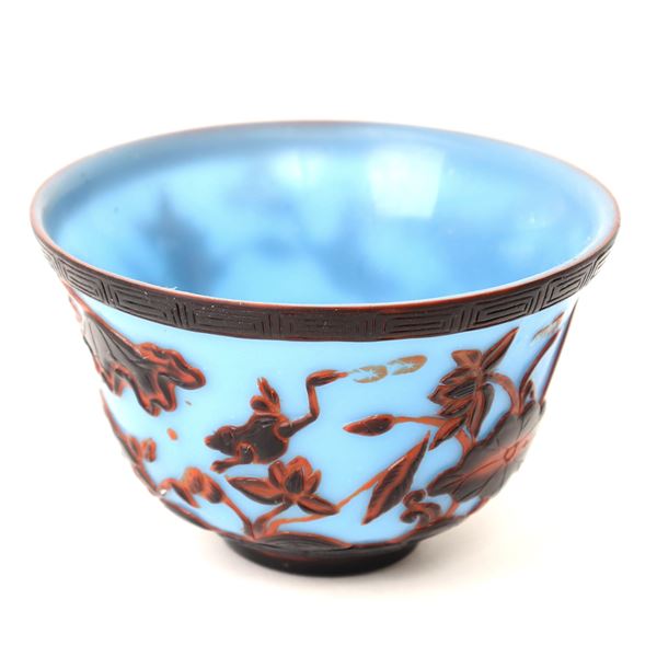 Lovely Chinese Peking Glass Bowl, Blue & Red