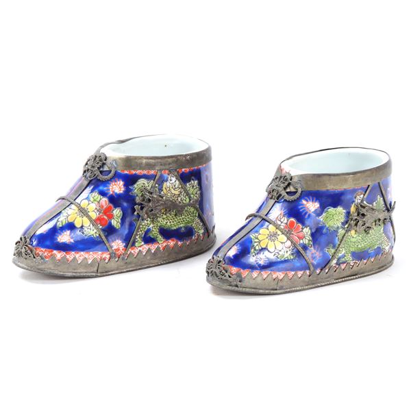 Chinese Silver Mounted Lotus Shoe Pair