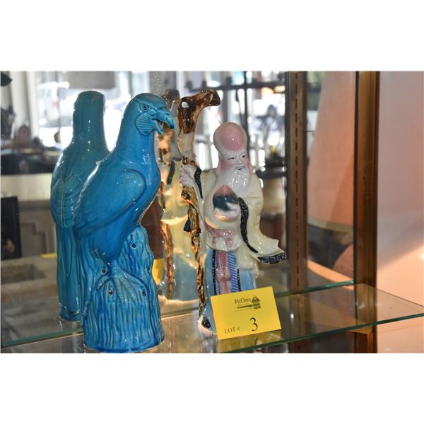 CHINESE TURQUOISE GLAZED CERAMIC HAWK & CHINESE PORCELAIN GOD OF LONGEVITY (2 PCS)