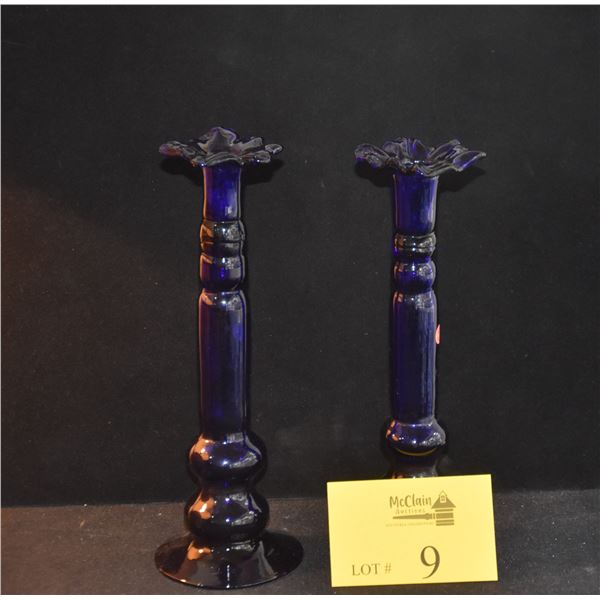 PAIR COBALT BLUE HAND BLOWN CANDLESTICK HOLDERS (11") (PAIR) (DOES NOT INCLUDE TRAY)