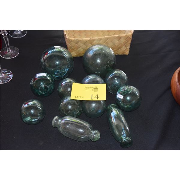 COLLECTION OF GLASS FISHING FLOATS; SIGNED (12 PCS) (DOES NOT INCLUDE BASKET)