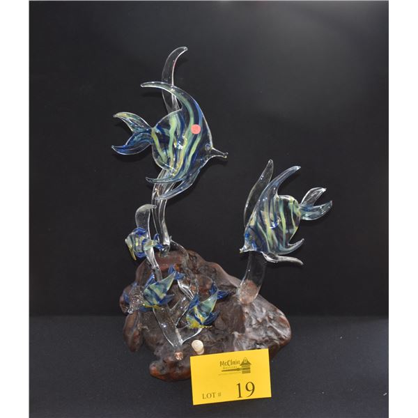 VINTAGE ANGEL FISH SCULPTURE ON WOOD BASE (18 1/2")