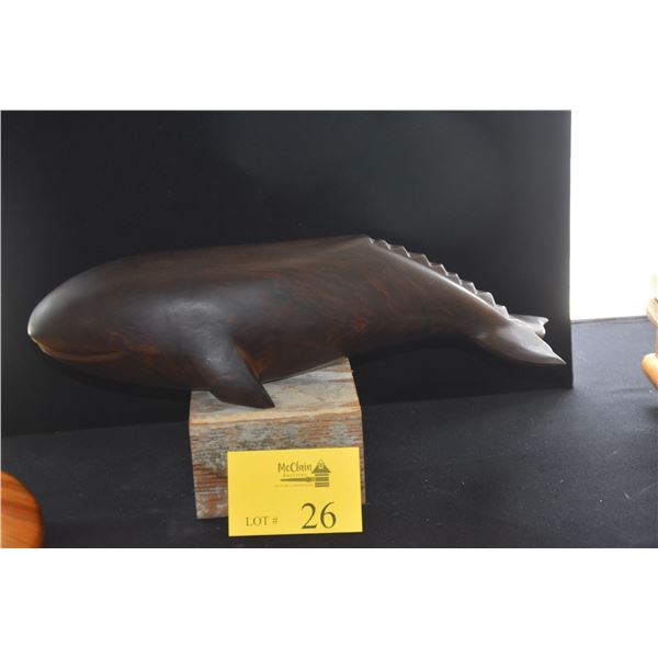 VINTAGE IRON WOOD WHALE SCULPTURE (17") (DOES NOT INCLUDE STAND)