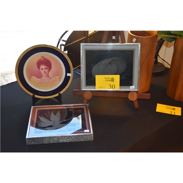 PRINCESS KAIULANI COLLECTOR PLATE, FRAMED VINTAGE ETCHED GLASS ART W/BIRD OF PARADISE & SHELL W/KOA 