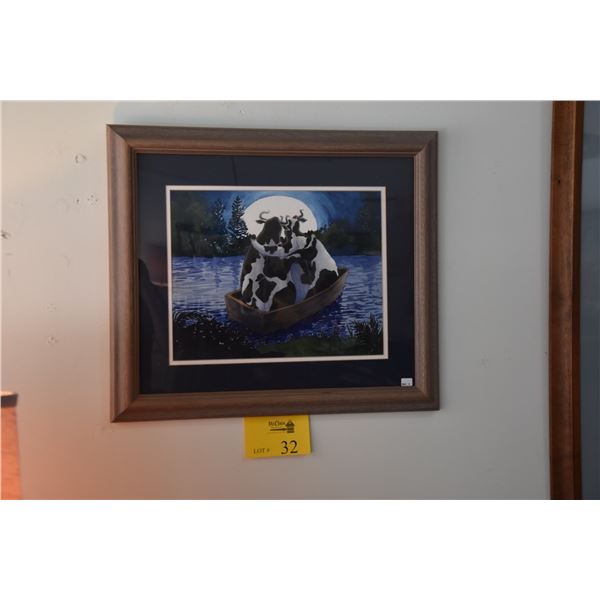 FRAMED ORIGINAL WATERCOLOR, "MOOOON RIVER - TWO HAWAIIAN COWS IN LOVE GAZING AT FULL MOON"; SIGNED P