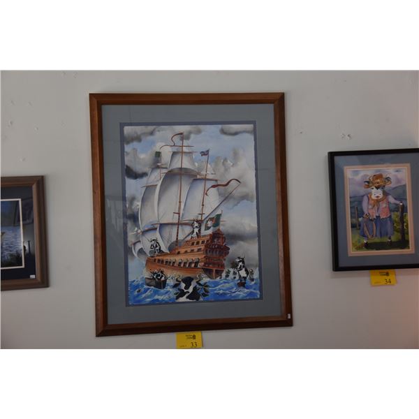 KOA FRAMED ORIGINAL WATERCOLOR, "MUTINY ON THE BOUNTY"; SIGNED PEGGY CHUN '90 (33 1/2" X 40 1/2")