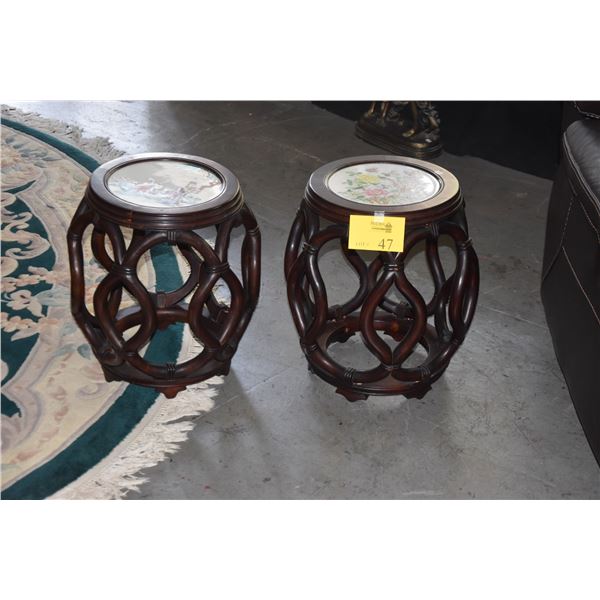 PAIR CHINESE WOOD GARDEN STOOLS W/PORCELAIN TOPS (PAIR)
