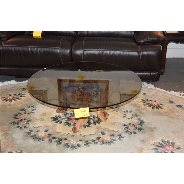 40" GLASS TOP TABLE W/CYPRESS BURL WOOD ROOT BASE