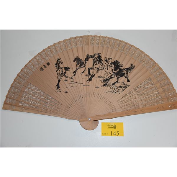 CHINESE SANDLE WOOD FAN W/HORSE MOTIF