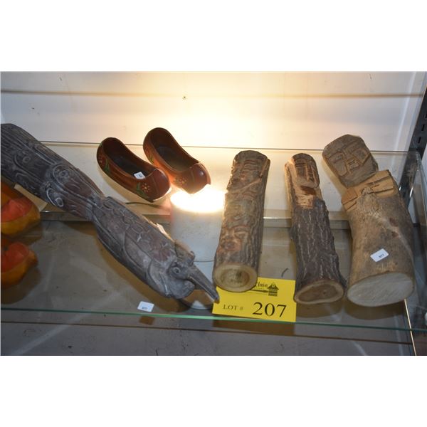 CARVED WOOD SHOES & WOOD CARVINGS (8 PCS)