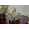 Image 3 : COLLECTION OF SERPENTINE JADE: FUU DOGS, CENSOR & BOWL W/STANDS (4 PCS)