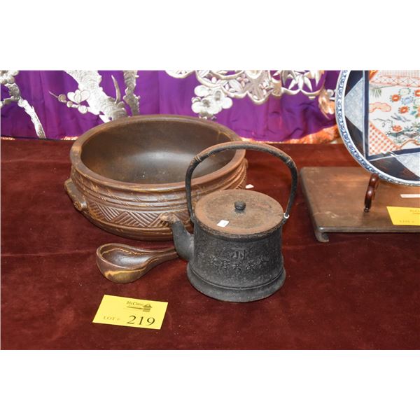 LARGE CERAMIC BOWL W/LADLE & CAST IRON TEA POT (3 PCS)